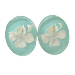 Vintage Reverse Carved Lucite Earrings Blue with White Flower